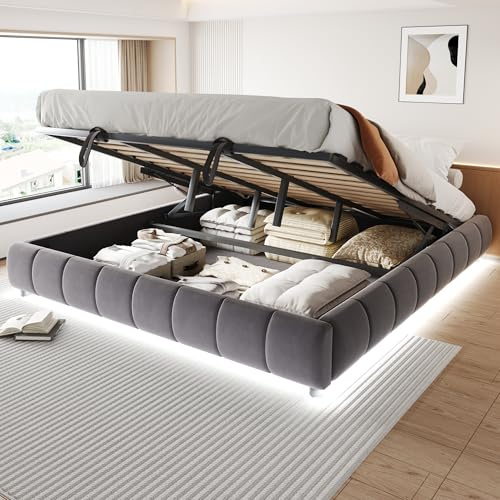 Dolamaní Doppelbett Polsterbett 180x200 cm mit Bettkasten ohne Kopfteil, Bett Hydraulischer Schwebebettrahmen mit Stauraum, Samtstoff, Tragfähigkeit 300 kg (Grau B)