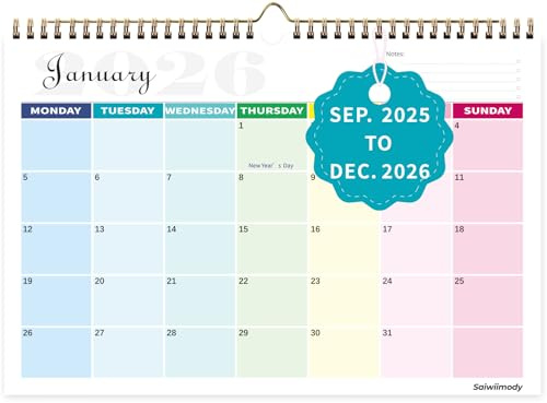 Calendar 2026 UK Colorful Family Calendar 2026 Wall Planner 16 Month from Sep. 2025 to Dec. 2026 with Large Blocks Daily Monthly Planning Academic Teacher Student Organized - DIN A4 format