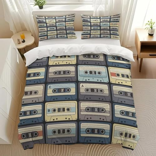 Cisdanoty Retro Cassette Pattern Bedding Comforter Sets Bedding Set 3 Pieces (1 Duvet Cover 2 Pillowcases) with Zipper Closure Lightweight