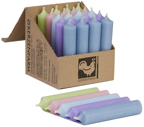 Kerzenfarm Hahn Stabkerzen Bunt Kerzenset 25 Stück, 100mm x 22mm, Durchgefärbte Spitzkerzen, 5+ Stunden Brenndauer, Made in Germany - Ohne Tropfen & Rußen - Unparfümierte (Pastelltraum)