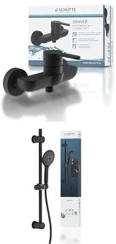 Bundle aus Schütte Denver Thermostat Duscharmatur, Schwarz matt + Schütte Raven Duschstange und Handbrause | Duschbrause mit 3-Fach verstellbarem Duschkopf | Brauseset mit Duschsäule | Schwarz
