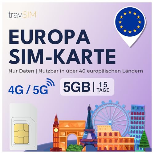 travSIM SIM Europa | 15 días - 5 GB | Tarjeta SIM Europa, Alemania, Francia, España, Italia, Países Bajos y más | Acceso a Google, Facebook, Whatsapp y más | 0 Gastos de itinerancia