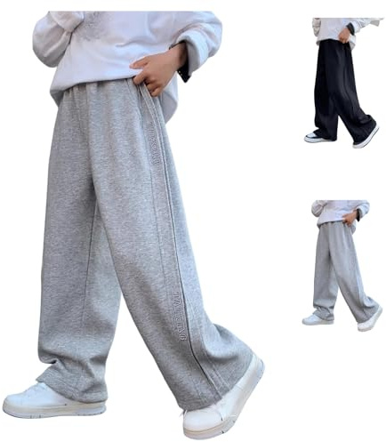 Teen Boys Baggy Sweatpants Elasticated High Waist Straight Wide Leg School Trousers Cotton Solid Pants Y2K Hip Hop Trendy Sweatpants Casual Pockets Joggers (Black, 13-14 Years)