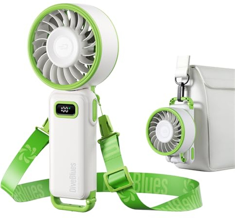 Diveblues Ventilador de Mano Turbo Portátil, 100 Velocidad, Flujo de Aire Potente de 7,4 m/s, Mini Ventilador Plegable 180° 4-en-1 para Mano, Cuello o Mesa, Recargable para Verano, Viajes y Exterior