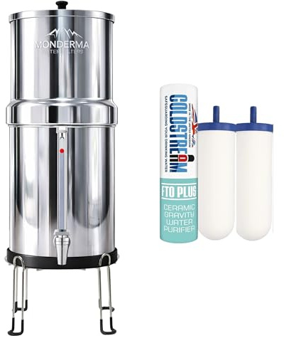 Monderma Water Filters Travel 5.6L - système de Filtration d'eau avec 2 Cartouches filtrantes FTO+ Coldstream, Inclus Robinet avec Vue et Base de rehaussement en INOX 304