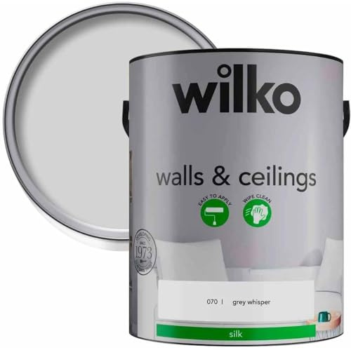wilko Silk Paint 5L, Emulsion Paint, Walls & Ceiling Paint, Grey Whisper, Premium Quality, Easy Application, Hard-wearing, Wipe Clean, 60 Square Metres Coverage, For Interior Walls