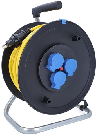 as - Schwabe Carrete de cable 25 m K35 AT-N07V3V3-F 3G1,5 amarillo, IP44 para exteriores, con conector SEV T13 IP55 y 3 enchufes tipo 13, interruptor de protección térmica, fabricado en Alemania