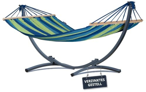 Potenza Hängematte mit Gestell I Stabiler Rahmen 200kg - 250cm Balkon I Hängematte 200x120cm I Indoor Outdoor Garten Pool Terrasse Stahl (Verzinktes Gestell Graphit, Grün - Stabhängematte)
