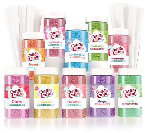 Cotton Candy Express Floss Sugar and Cones Variety Pack with 10 - 11oz Plastic Jars of Assorted Flossing Sugars, Plus 100 Paper Cones. Use With Countertop Machine