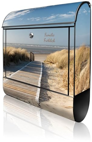 banjado Design Briefkasten personalisiert 38,5x46,5x13cm & 2 Schlüssel - Briefkasten Stahl Schwarz Zeitungsfach pulverbeschichtet - Postkasten A4 Einwurf inkl. Montagematerial - Motiv Dünen