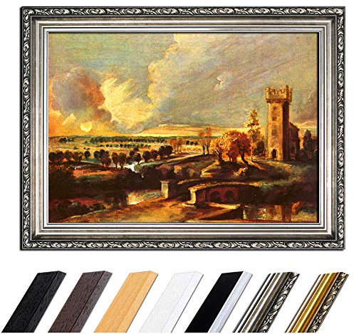Bild mit Rahmen - Peter Paul Rubens Landschaft mit dem Turm des Schlosses Steen 50x40 cm - Gerahmtes Leinwandbild Alte Meister - Antiker Rahmen Silber Barock, Klassisch