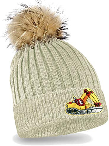 Blackshirt Company Kinder Mütze mit Bommel Bagger Strickmütze Beanie Gelber Bagger Kappe