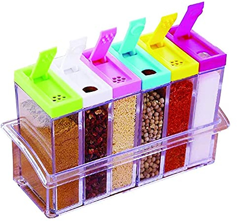 Scatola per condimenti colorati da 6 pezzi - Barattoli per spezie trasparenti in latta per spezie BBQ Contenitore per condimenti da cucina con vassoio e 2 tipi di fori di uscita Contenitori per spezie