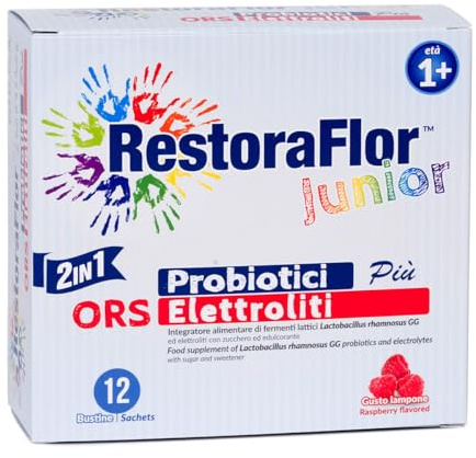 Fermenti Lattici Probiotici per Bambini Restoraflor Junior - 5 Miliardi di Probiotici per Intestino con Lactobacillus Rhamnosus GG e Sali Minerali - 12 Bustine in Polvere