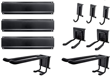 GALLUNOPTIMAL 36 teiliges Gerätehalterung Set bestehend aus 3 Stahl Schienen + 7 Halter + 2 Nylonklettschlaufen und Befestigungsmaterial - Stahlblech schwarz lackiert mit gummierten Halterarmen