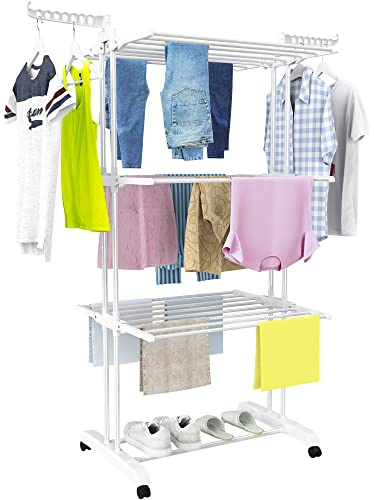 HOMIDEC Clothes Drying Rack, Large 4-Tier Foldable Drying Rack Clothing(67.7H x 19.7W x 30L Inches), Movable with 4 Castors. Multifunctional Stainless Steel Laundry Drying Rack, White