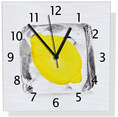 Wallario Design Wanduhr Zitrone in Eiswürfel - Eiskaltes Obst aus Aluverbund, Alu-Uhr Größe 30 x 30 cm, Schwarze Zeiger mit Metalloptik