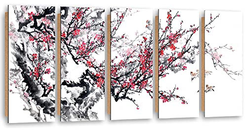 Feeby Tableau XXL 100x40 cm Nature Branche Jardin japonais Fleur de cerisier 5 pièces Image Moderne Tableau Déco Mural Salle De Séjour Asie Orient Spa Zen rose