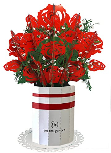 LINPOPUP®, Pop Up Blumenstrauß, Handgemachter Blumen aus Papier inkl. Vase u. Unterteller, als Geschenk zum Geburtstag, Muttertag, Gute Besserung, Danke, Papierblumenstrauß -Rosenstrauß, N800