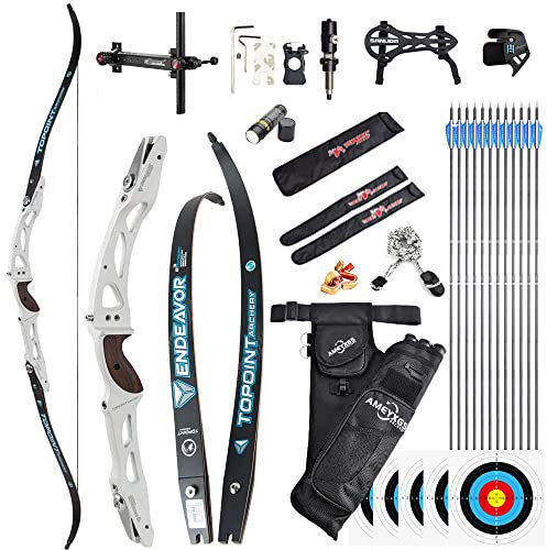 SHARROW Bogenschießen Takedown Recurve Bogen und Pfeile Set ILF Wurfarme und Riser 66/68/70 Zoll Erwachsene Wettbewerb Bogen Recurvebogen Sportbogen Jagdbogen 28-44lbs (70/34lbs, Weiß)