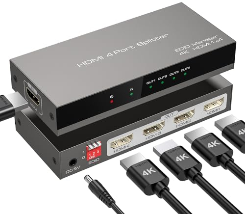 Splitter HDMI 1 in 4 Out 4K30hz Assegnazione simultanea di 4 monitor con supporto gestione EDID 2K 3D 1080p HDCP HDMI-Splitter4 uscite per TV PSBox/PC/Laptop 1 Cavo HDMI incluso