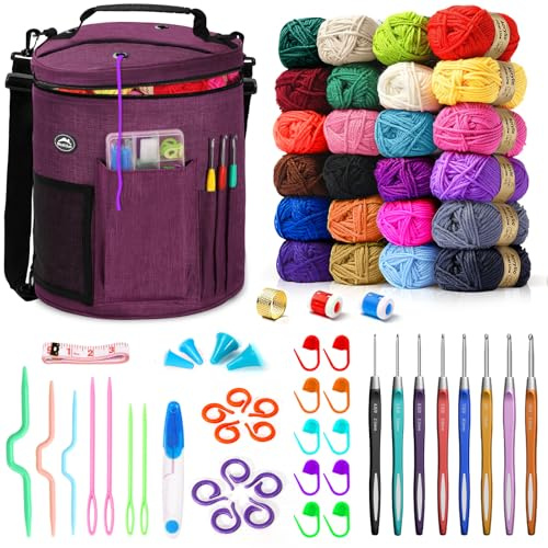 WEEKSUN 79-teiliges Häkelset, große Stricktasche, Garnaufbewahrungs-Organizer, Strick- und Häkelzubehör, wasserdichte Häkeltasche, Häkelset für Anfänger enthält Garn in 24 Farben, Häkelnadel-Sets