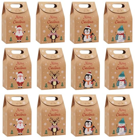 12 Stück Geschenktüten Weihnachten, Papiertüten Klein, Vier Muster | Papiertüten Weihnachten mit Griffen zum Schokolade, Kekse, Süßigkeiten, für Geschenke Mitgebsel Party