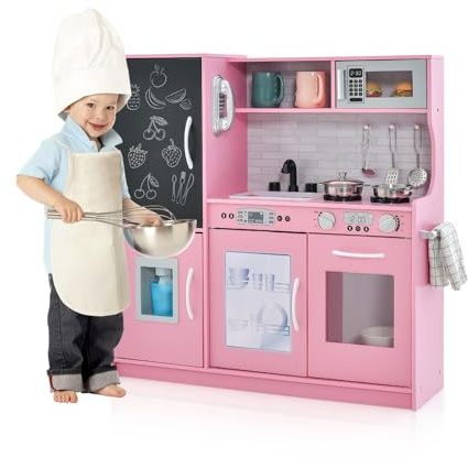 Maxmass Kids Play Kitchen, Wooden Children Pretend Kitchen with Ice Maker, Telephone, Chalkboard, Double Stoves, Dishwasher, Cookware Accessories, Toddler Boys Girls Cooking Toy Playset (Pink)