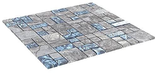 Tidyard 22x Mosaikfliesen Mosaikmatte Glasmosaik Fliesen Mosaik Mosaikfliese Mosaiksteine Wandfliesen Mosaikmatten Bad Wohnzimmer Küche 30 x 30 cm (L x B) Stärke: 6 mm Glas Blau und Grau