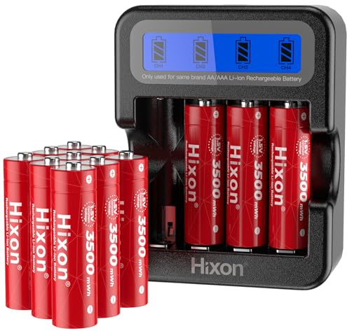Hixon 1,5V AA Akku, Wiederaufladbare AA Lithium Akku, Neue Niederspannungs-Erinnerungsfunktion, 3500mWh 1,5V Konstanter Ausgang, 12 Stücke Wiederaufladbare Lithium AA ACCU mit LCD-Display-Ladegerät