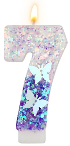Geburtstag Zahlen Kerzen, 7,3 cm Schmetterling Kerze Geburtstag Lila Glitzer-Zahlenkerzen Lila Kuchendekoration Happy Birthday Niedliche Zahlenkerzen für Feiern (Zahl 7)