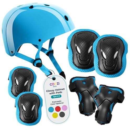 COOZi Glossy Helmet and Pad Set for Kids - Adjustable Protective Gear with Knee, Elbow & Wrist Pads, Safety Set, Cycling, Skateboarding, and Scooting for Boys & Girls Ages 3-12