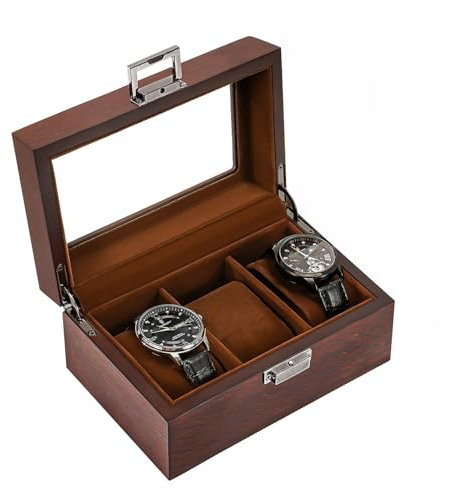ProCase Uhrenbox mit 3 Fächern, hölzerne Uhrenkasten mit Glasdeckel, Uhrenkoffer mit Uhrenkissen, Uhrenaufbewahrung Watch Box für Herren Uhrenorganizer mit Glasdeckel - Espresso