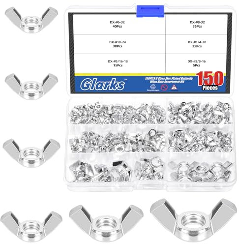 Glarks 150Pcs 6 Sizes Silver Wing Nuts Assortment Kit, 3/8’’-16, 5/16’’-18, 1/4’’-20, #10-24, #8-32, #6-32 High Strength Zinc Plated Butterfly Nuts, Wing Bolt Fasteners