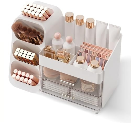 Makeup Organizer with Drawers for Vanity,Spacious Cosmetic Display Case,Perfect Storage Solution for Your Beauty Essential (White)