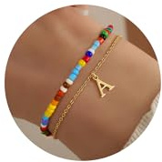 TINGN Buntes Perlenarmband mit Buchstaben - Damen Layered Initialen A Armband mit Buchstaben Gold Armband Set für Mädchen und Frauen - Boho Schmuck Geschenke