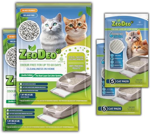 ZeoDeo- Granulés de litière pour Chats à la zéolite Naturelle pour systèmes de litière pour Chats à Double Couche “ZeoDeo” 3.6 kg (8Lb) + 10 Extra Tapis