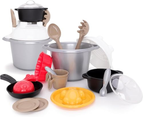 Toyland® 16-delars lerköksset och matset - 1 hink, 1 durkslag, 1 kyckling, 1 fisk, 2 koppar med fat och 8 redskap - Lek i trädgården och i vattnet - Lämplig för barn från 2 år