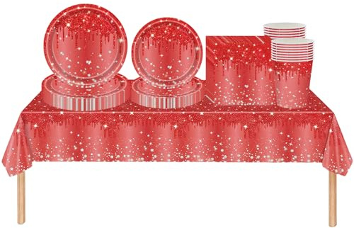 69pcs Shiny Glitter Diamond Party Tableware Tablecloth,Paper Plates,Napkins Serviettes and Cups Sets for Kids Adults Birthday,Wedding Xmas Gold Party Table Decorations (Red)