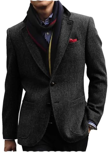 AeoTeokey Mens Tweed Blazer Herringbone Casual Slim Fit Jacket Lightweight Blazer(XL,Black)