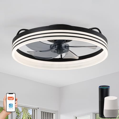 Ventilador de techo inteligente de 19 pulgadas con luces y control remoto compatible con Google Home regulable de 5 aspas reversibles para habitaciones pequeñas o cocina, acabado negro.
