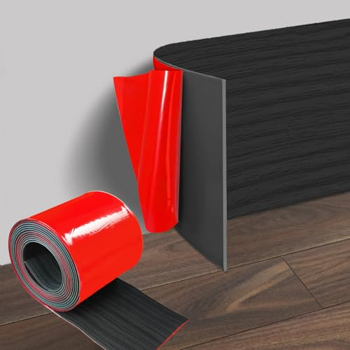 Zócalo flexible de PVC, 10 cm x 3,0 m, zócalo plano, grano de madera negra, zócalo suave, autoadhesivo, para salón, dormitorio, cocina