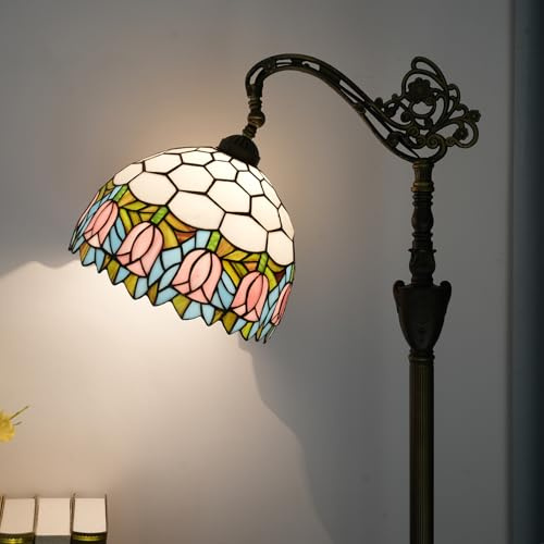 Tiffany Lampadaire Rose Tulipe Vitrail Col de Cygne 63 Pouces Fait Main Tiffany Style Abat-Jour Angle Réglable Lampe Debout pour Lecture et Travail Décoration de la Maison