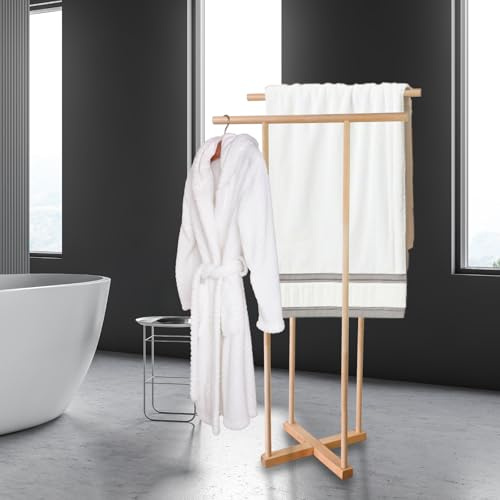 Beyeutao Wooden Standing Towel Rack for Bathroom, 2-tier Wood Towel Racks Stand with Base Free Standing Towel Holder Extra High Double Bath Towel Holder for Drying