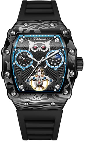 DAXIAOYU Mode uggla skelett automatisk klocka för män Tourbillon mekaniskt armbandsur lysande månfas gummirem sport affärsklockor, Svart blå, Lyx