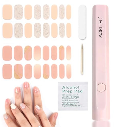 Aokitec Ongles Autocollants Adhesif avec Lampe UV, 32 pcs Faux Ongles Autocollants, N'abîme pas les ongles, Facile à utiliser, Stickers Ongles avec UV Lamp Nails pour Nail Art, Couleurs nude