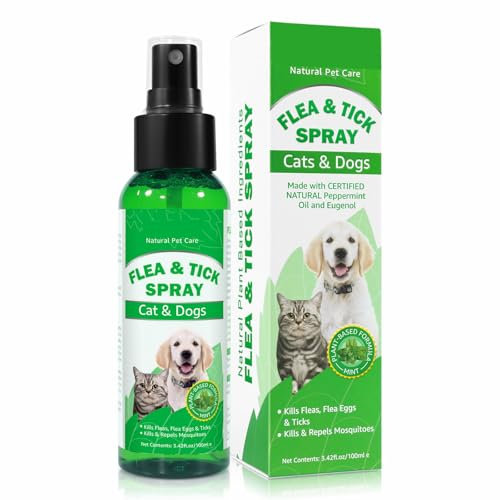 100% Natural Flea and Tick Spray for Cats and Dogs, Plant-Based Formula with Peppermint Oil, 100ml