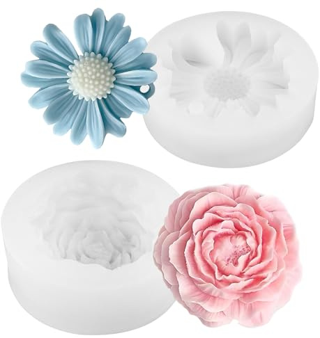 BRITIVIVE Stampo in Silicone 2 Pezzi Per Candele, Resina, Fiore, Cioccolatini, Sapone - 3D Stampi Per Fiori di Peonia Daisy