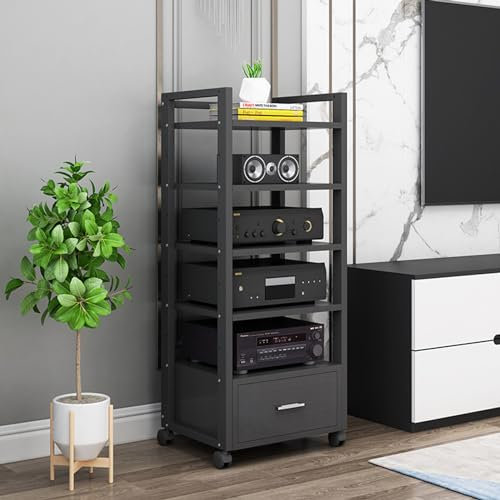 Tour audio mobile à 5 niveaux, support multimédia AV, support pour lecteur CD, meuble de rangement pour composants stéréo et centre multimédia ouvert avec étagère en bois réglable en hauteur (D-60 x