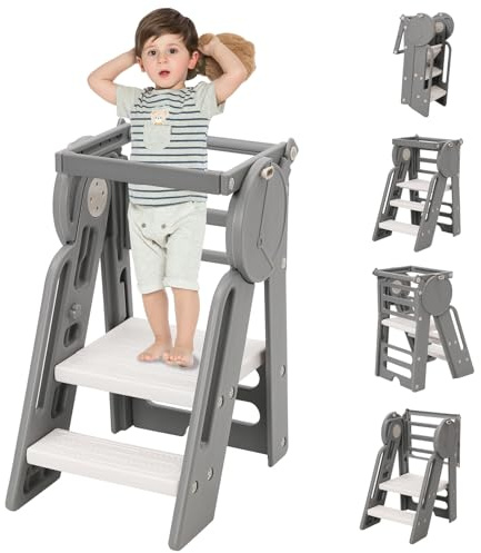 Torre de Aprendizaje Plegable - Ayuda de Cocina Montessori y Torre de Observación de Altura Ajustable, Taburete de Baño para Niños, Taburete Plegable Montessori para Niños de 1 Año